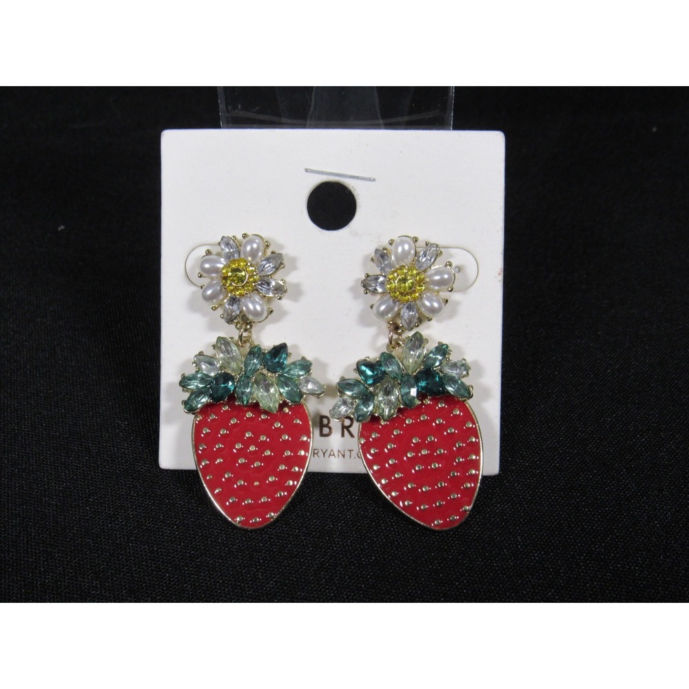 Lane Bryant Strawberry Daisy Drop Earrings Red Enamel Rhinestone Faux Pearl Gold